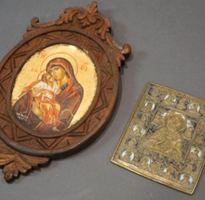 Russian Icon of The Mother of God and Blue Enamel Brass Icon of Christ the Pantocrator